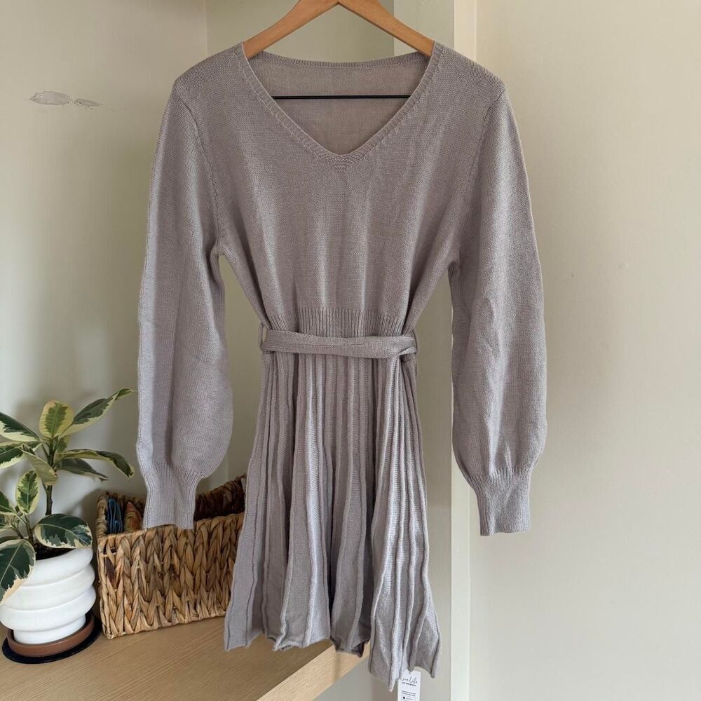 CupShe Taupe V-Neck Long Sleeve Mini Knit Dress Medium NWT